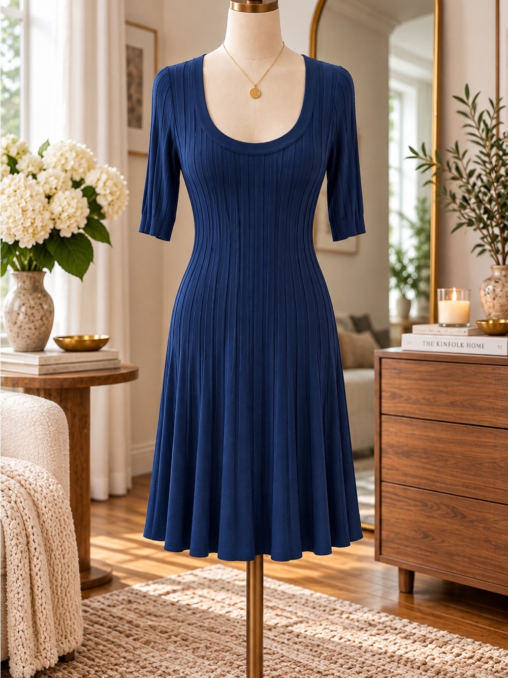 Navy Scoop Neck Ribbed Knit Dress